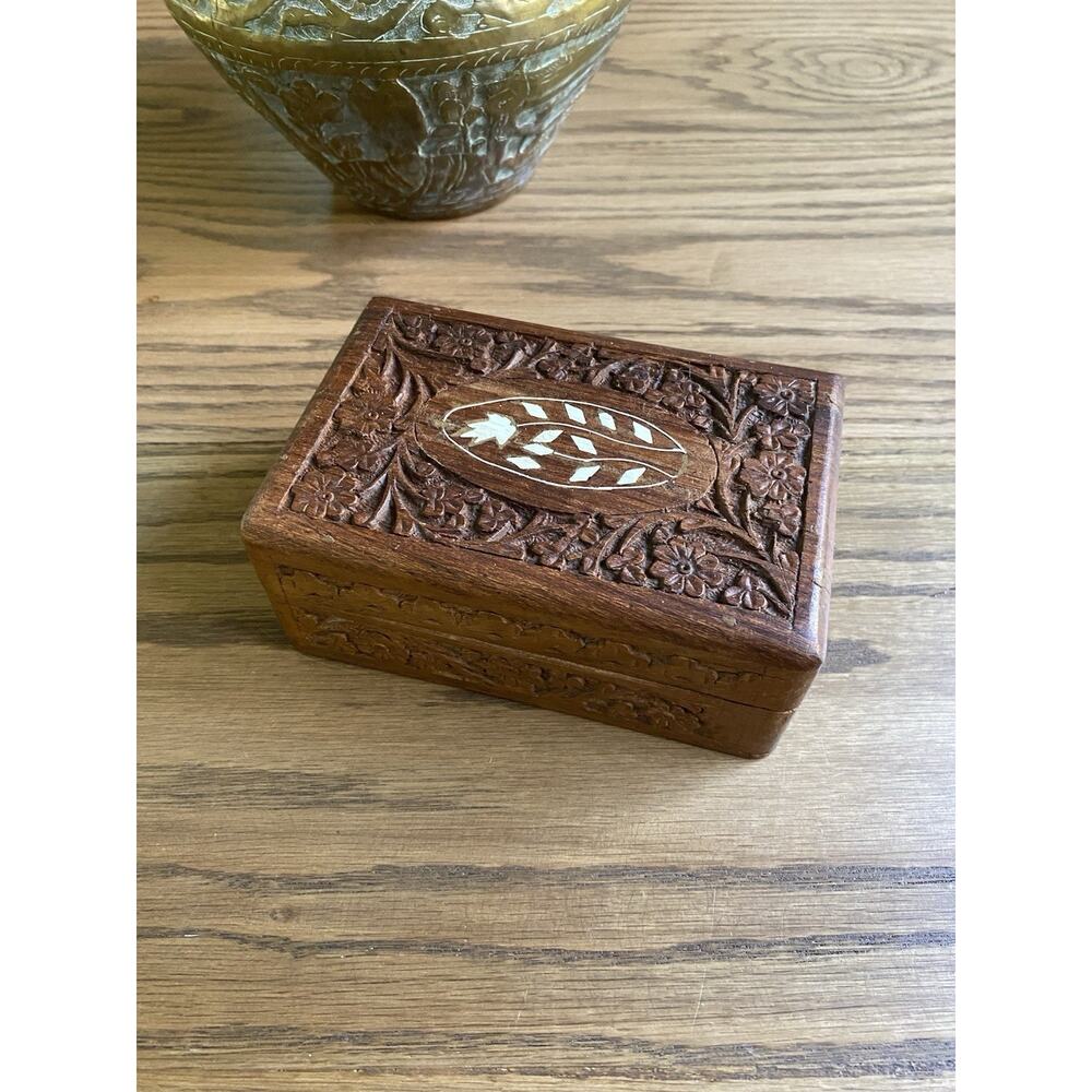 Vintage Hand Carved Wood Jewelry Trinket Box Floral Hinged Wooden Inlay Box